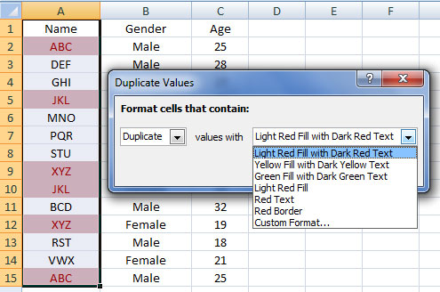 formatting duplicate values in excel