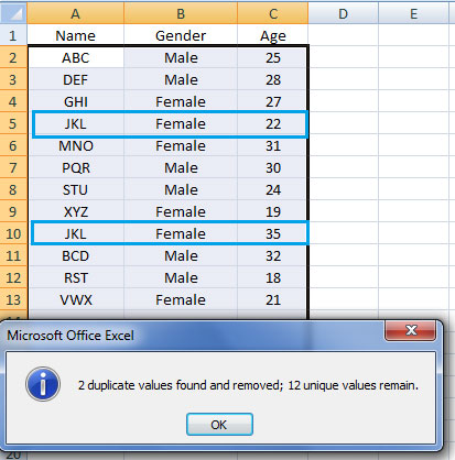 removing the duplicates in excel