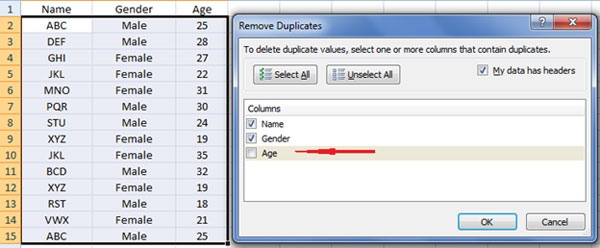selecting criteria for removing duplicates