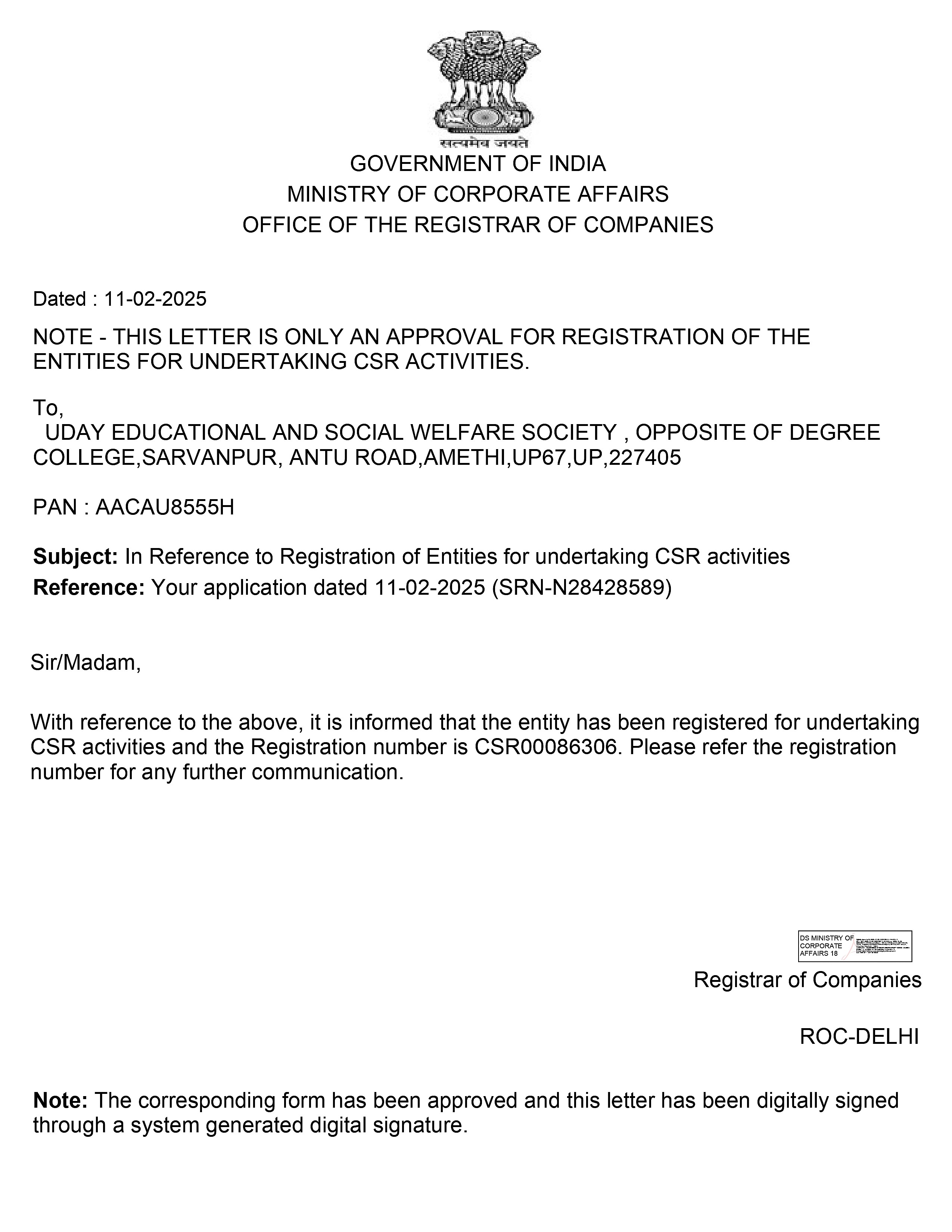 CSR Registration, Ministry of Corporation Affairs (MCA) Govt. of India