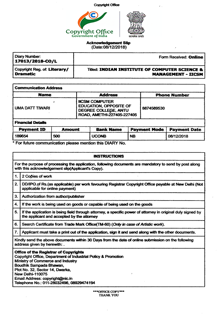 Copyright Registration (CR Act) MHRD. Govt. of India