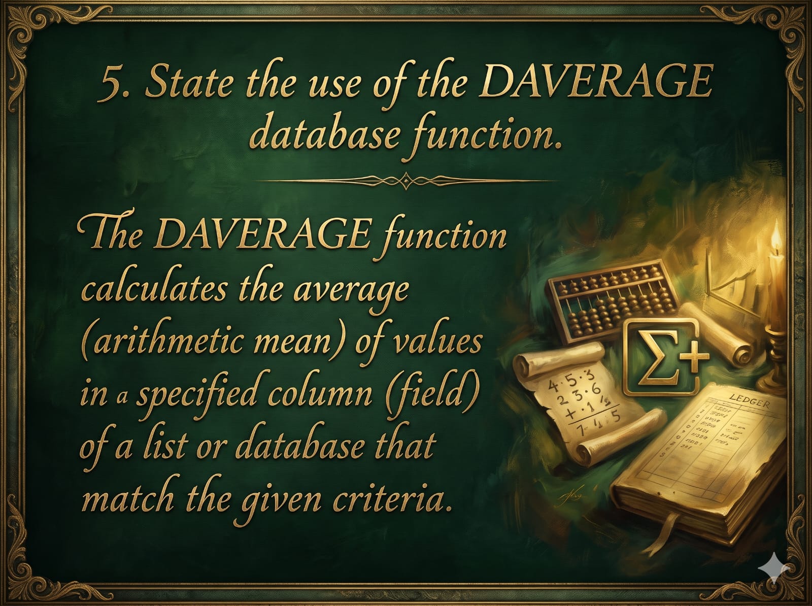 5. State the use of the DAVERAGE database function. ​The DAVERAGE function calculates the average (arithmetic mean) of values in a specified column (field) of a list or database that match the given criteria.