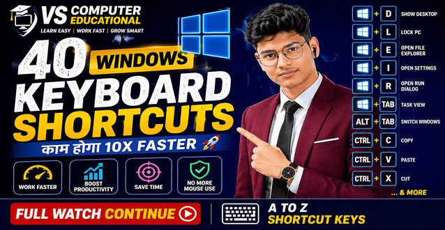 Most Common 40 Windows Keyboard Shortcut List in Hindi