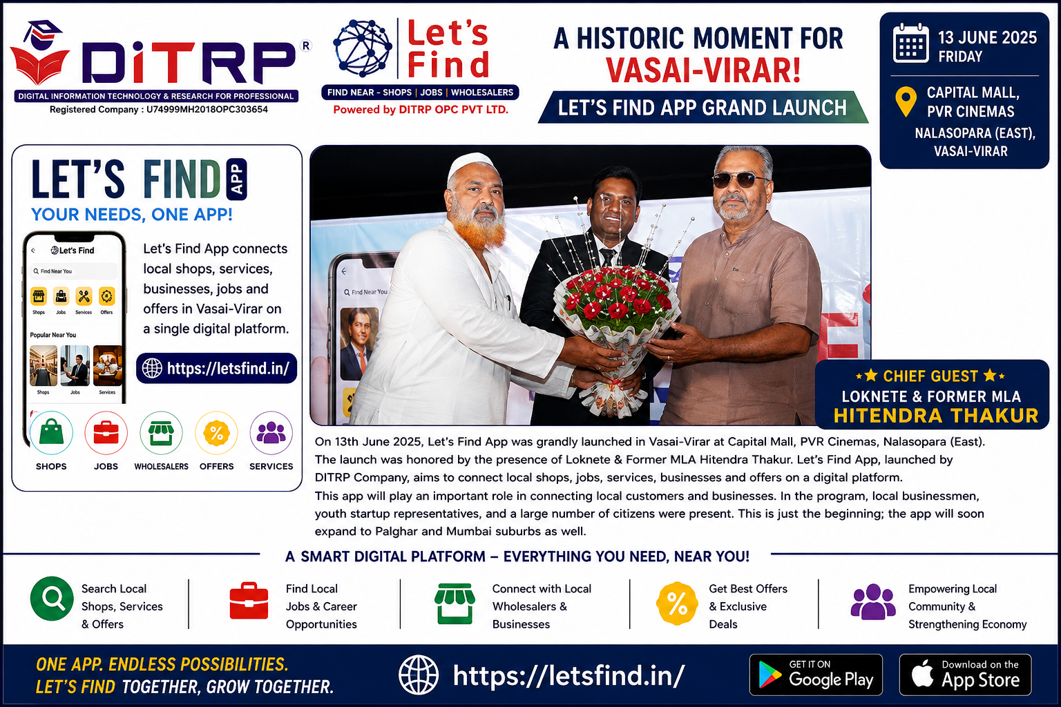 LET’S FIND APP Launch On 13 June 2025 LET’S FIND APP was grandly launched in Vasai–Virar by DITRP with former MLA Hitendra Thakur as the chief guest, empowering local businesses and citizens through a smart digital platform. Image