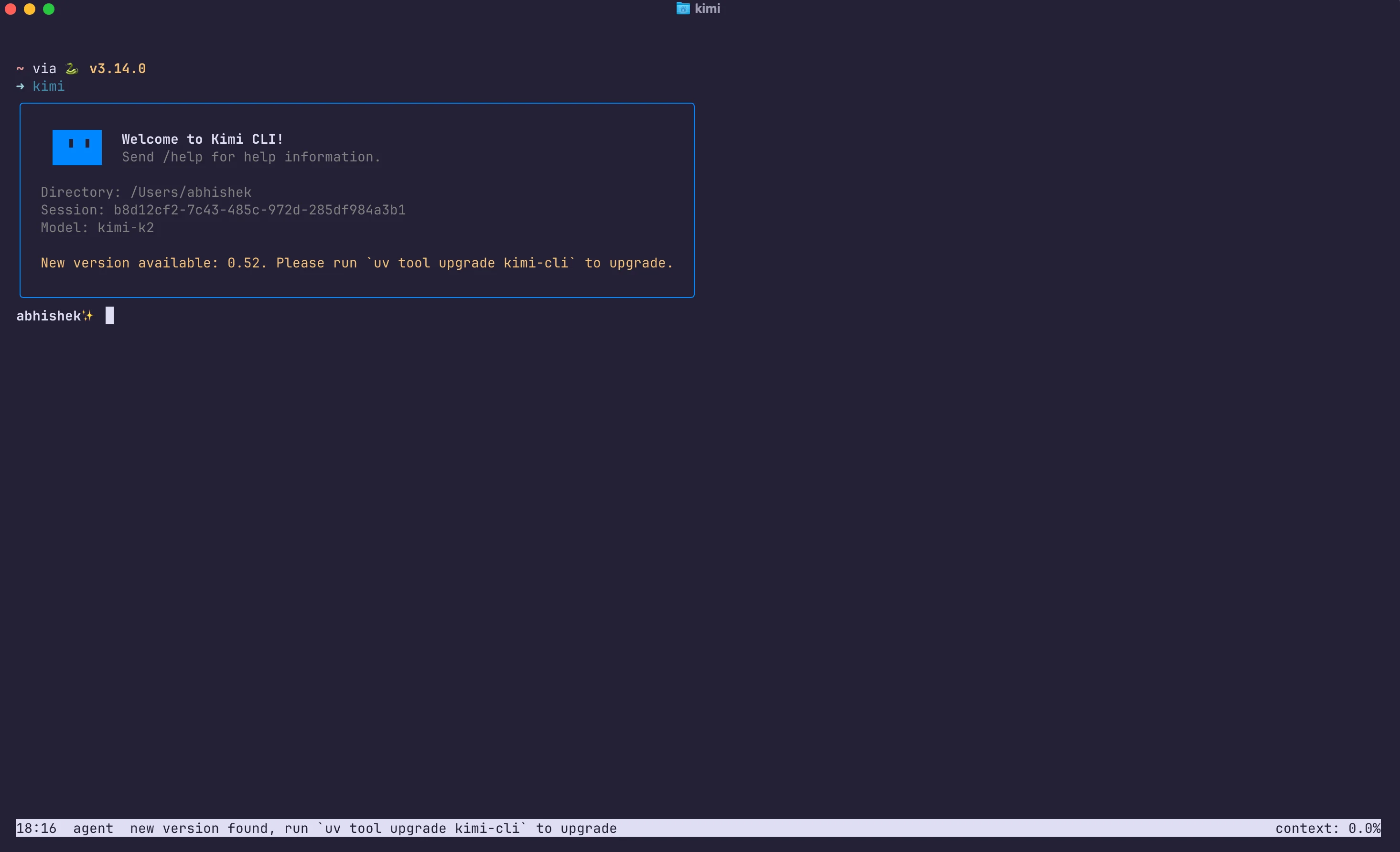 kimi cli first run output