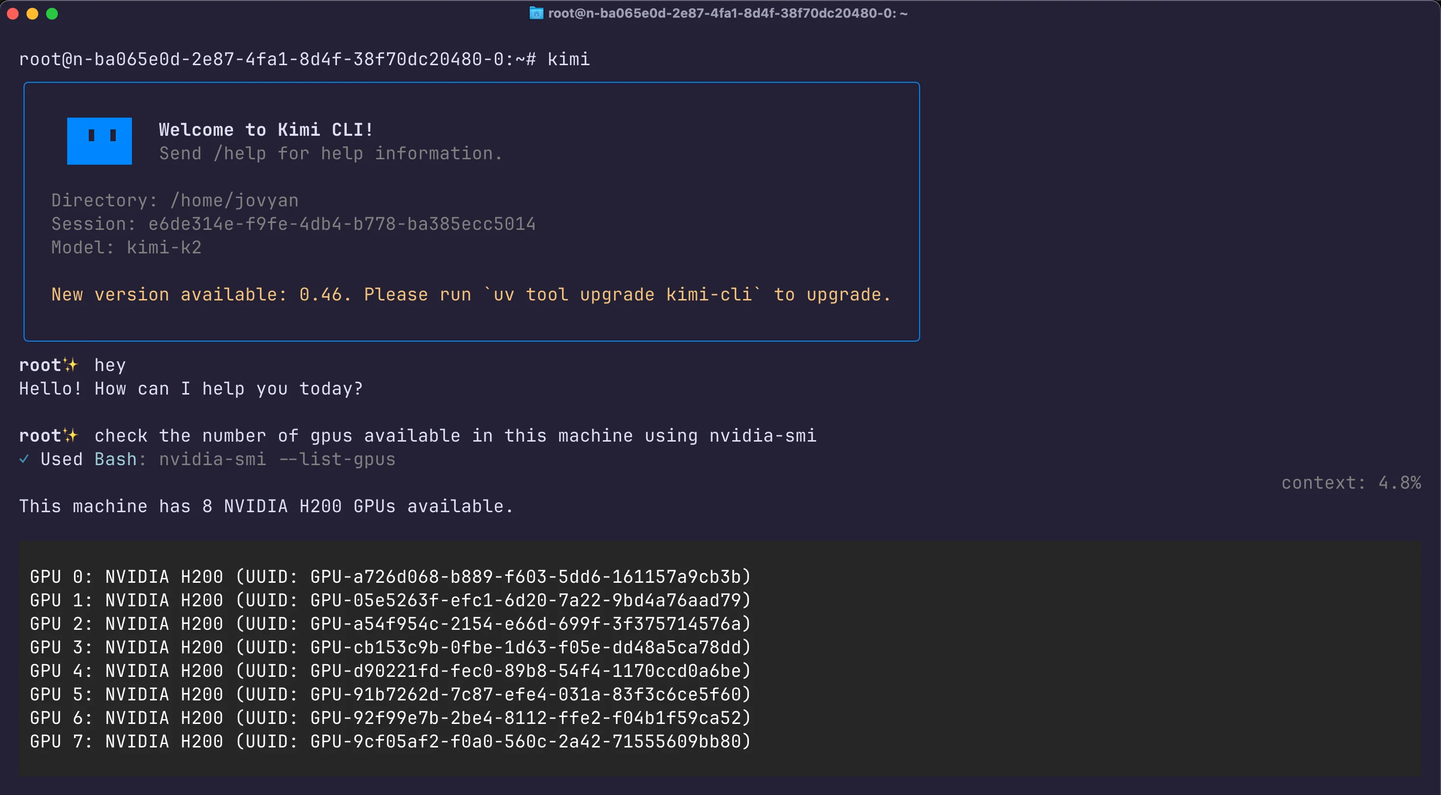 terminal output of kimi cli with kimi-k2 instruct