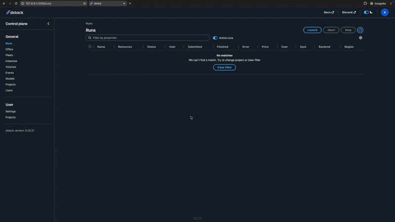 dstack dashboard demo showing runs and VM state