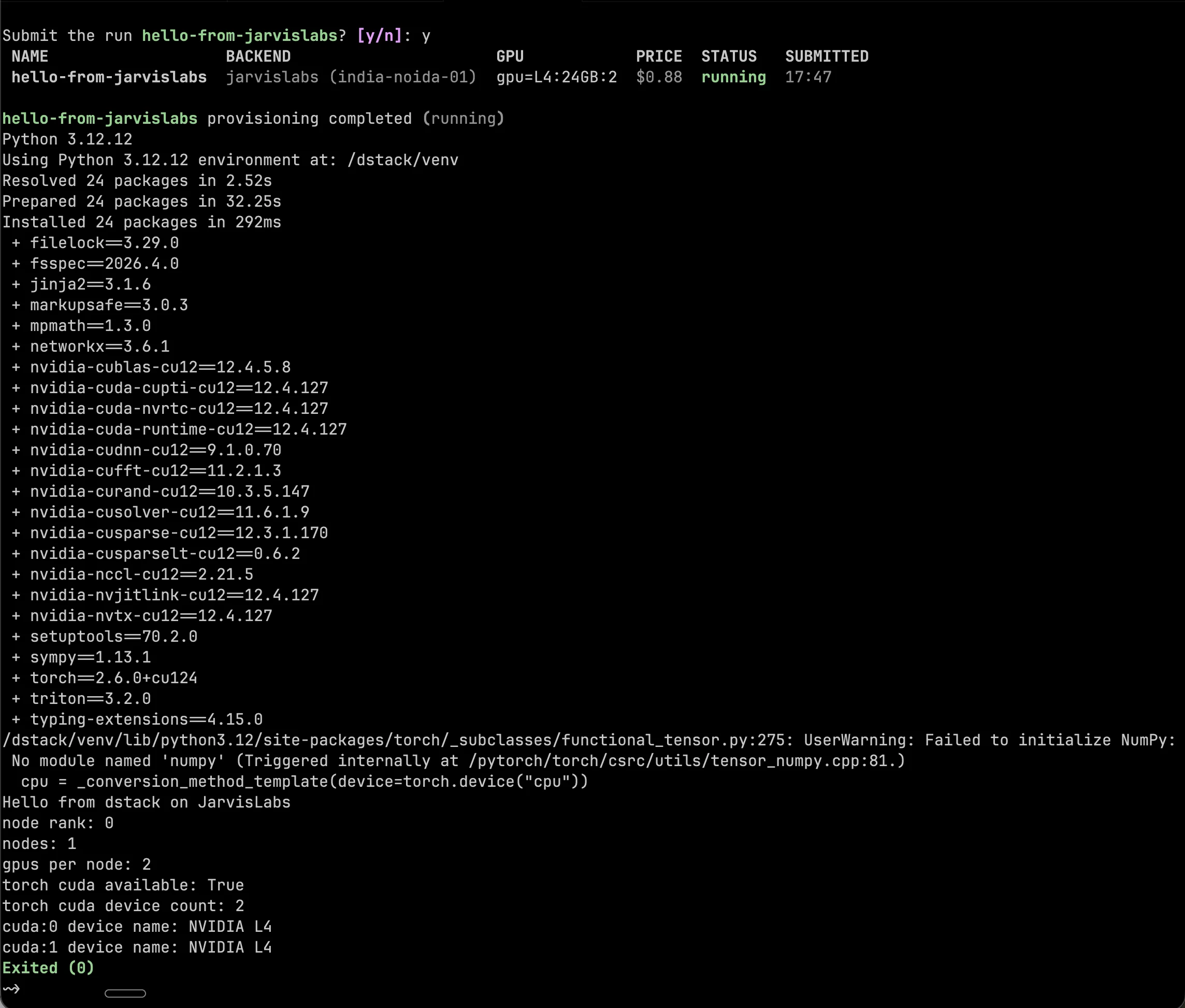 dstack task logs showing two NVIDIA L4 GPUs and exited 0