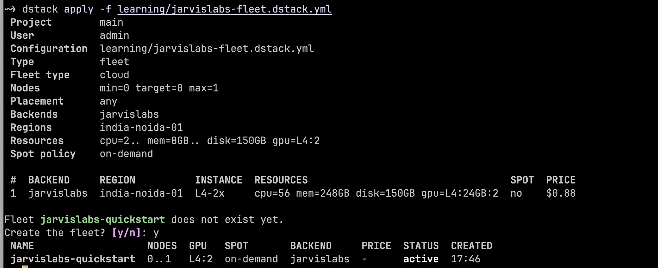 dstack fleet apply output showing the jarvislabs-quickstart fleet