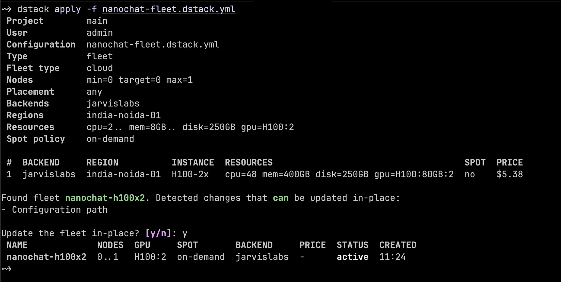 dstack fleet apply output showing the nanochat H100 fleet