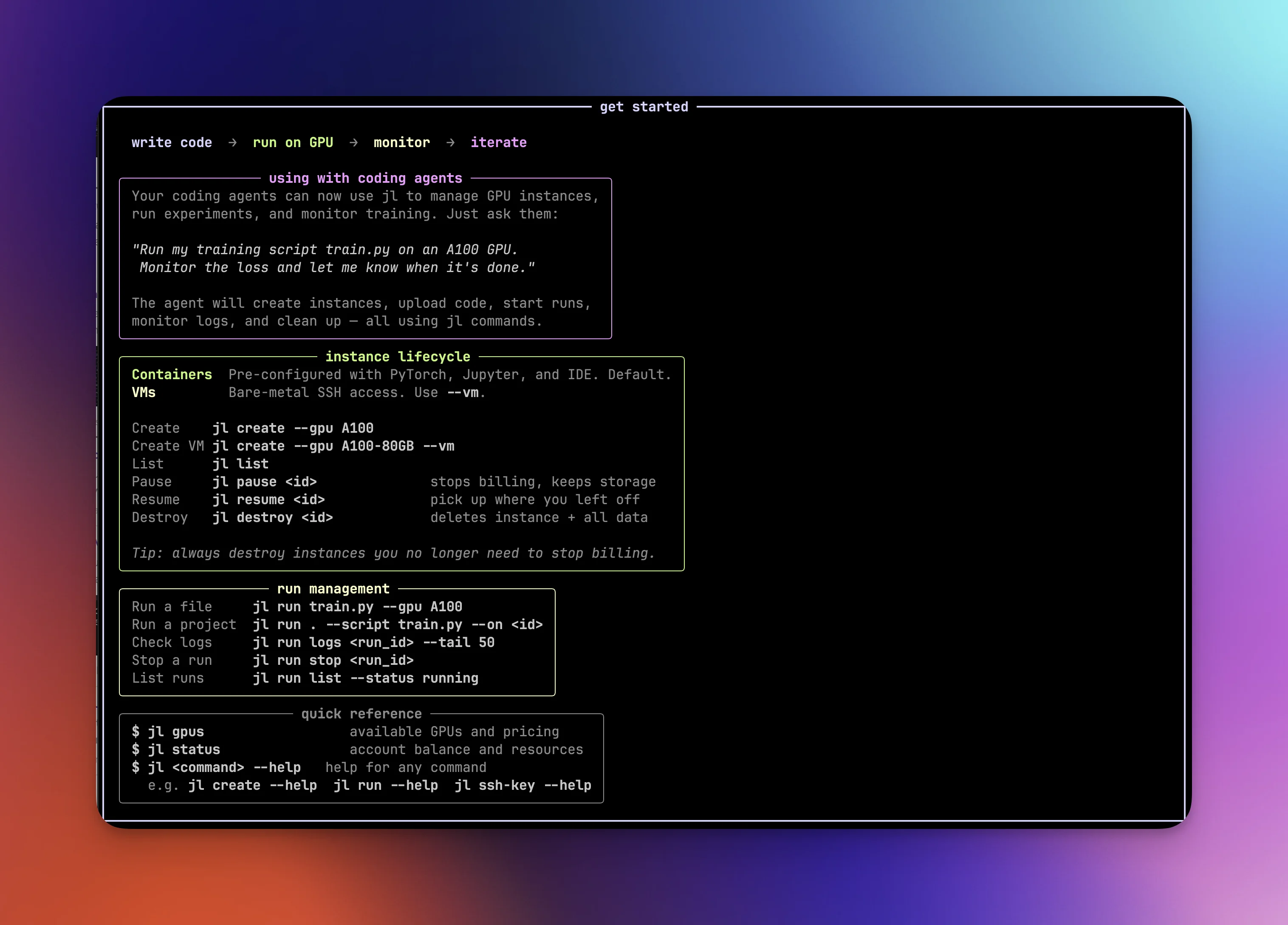 JarvisLabs CLI cheatsheet overview