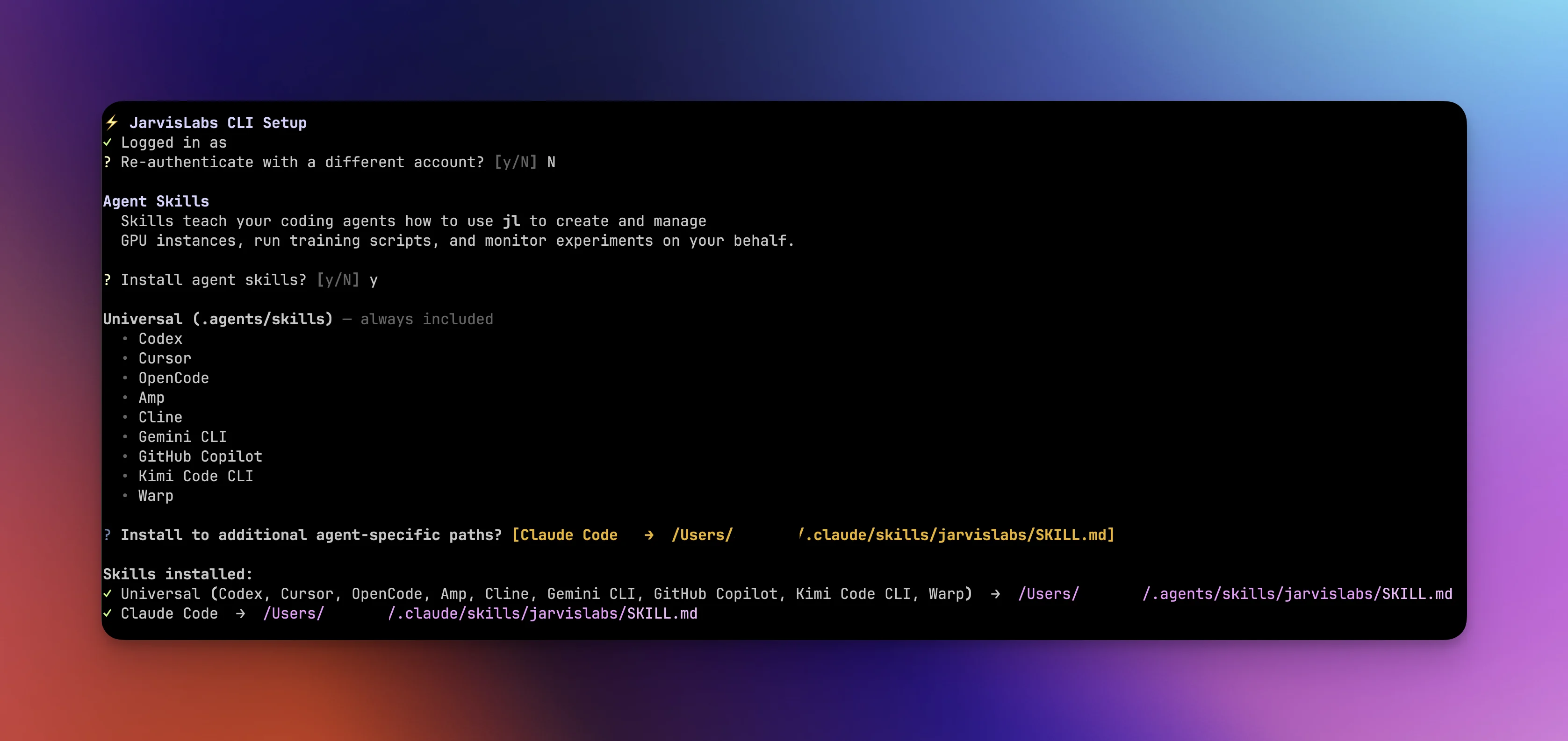jl setup agent skill installation