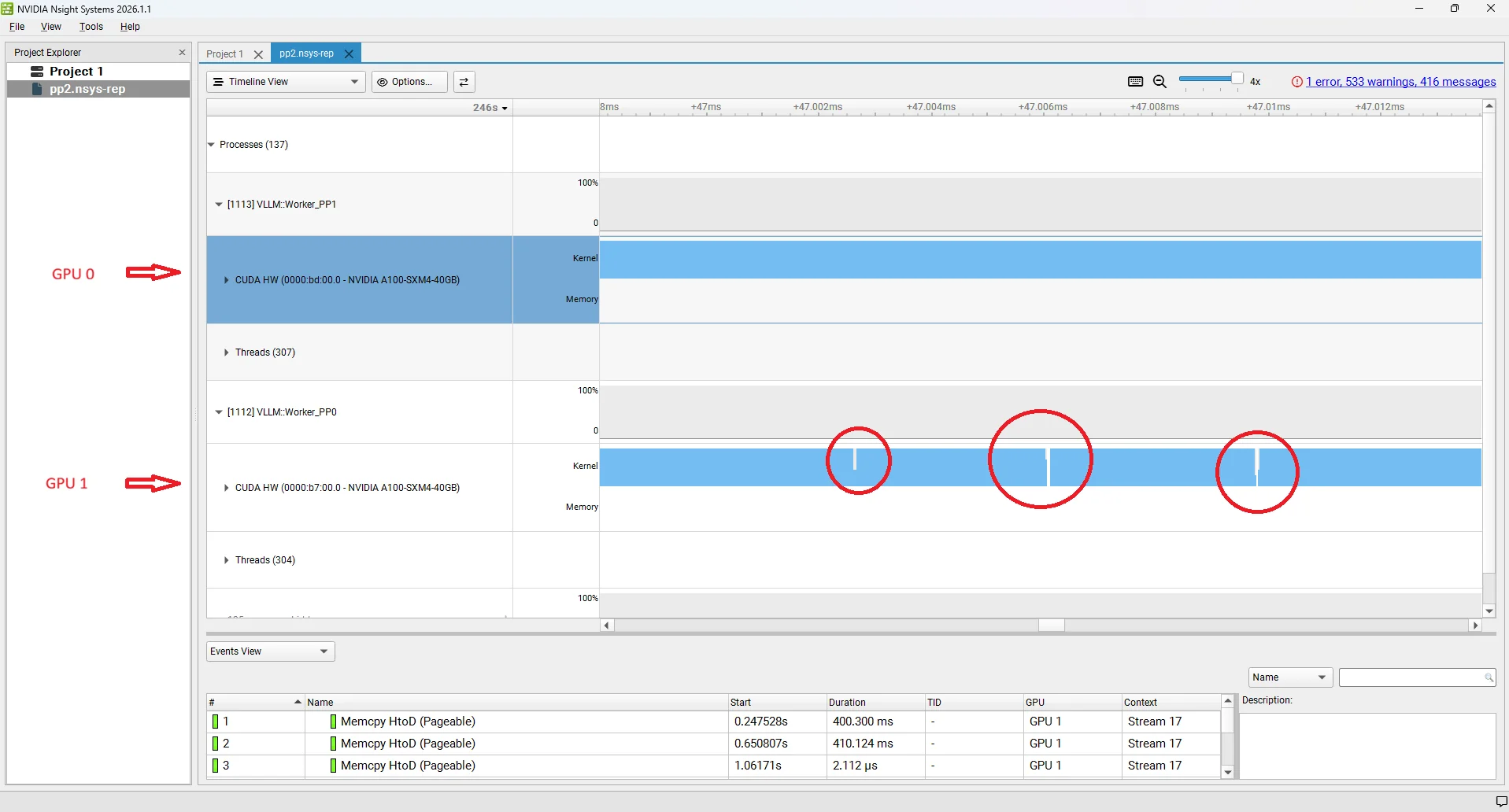 Nsight trace showing pipeline bubble where GPU 1 is idle waiting for GPU 0