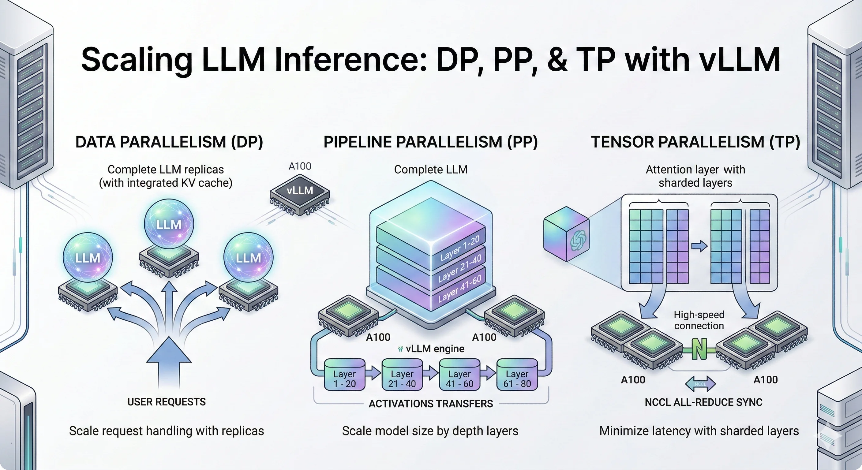 Scaling LLM inference overview showing data pipeline and tensor parallelism strategies