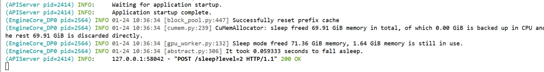 Server log output confirming successful level 2 sleep and memory release