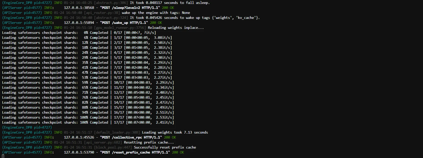 Server logs showing wake up reload weights and prefix cache reset sequence