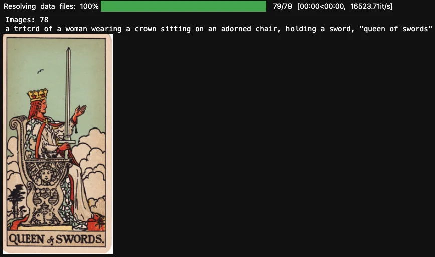 Tarot dataset preview showing Queen of Swords card with caption
