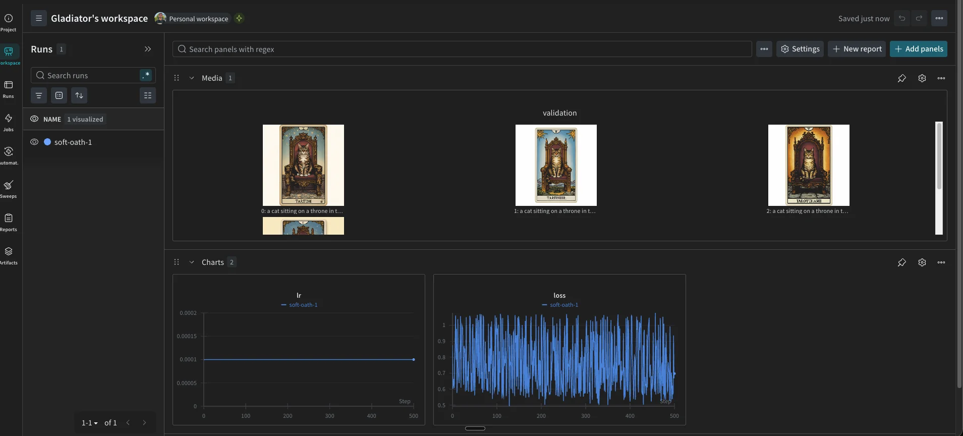 Weights and Biases training dashboard with validation images and loss charts