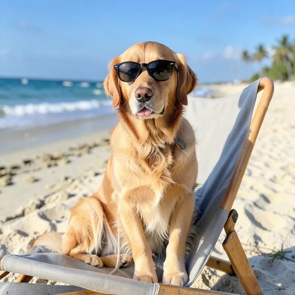 FLUX.2 Klein generated image of golden retriever wearing sunglasses on beach chair