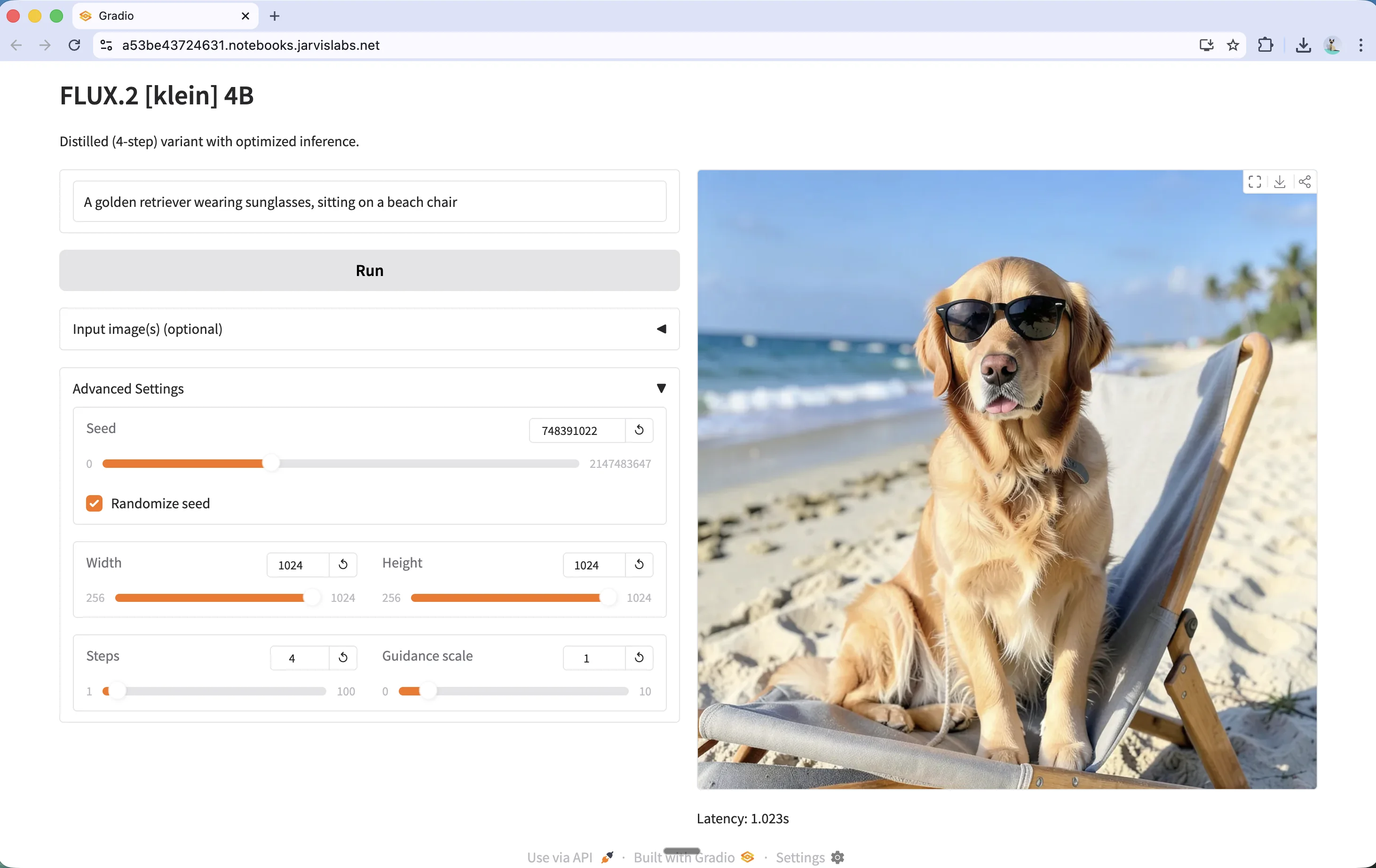 FLUX.2 Klein Gradio interface showing prompt input and generated image