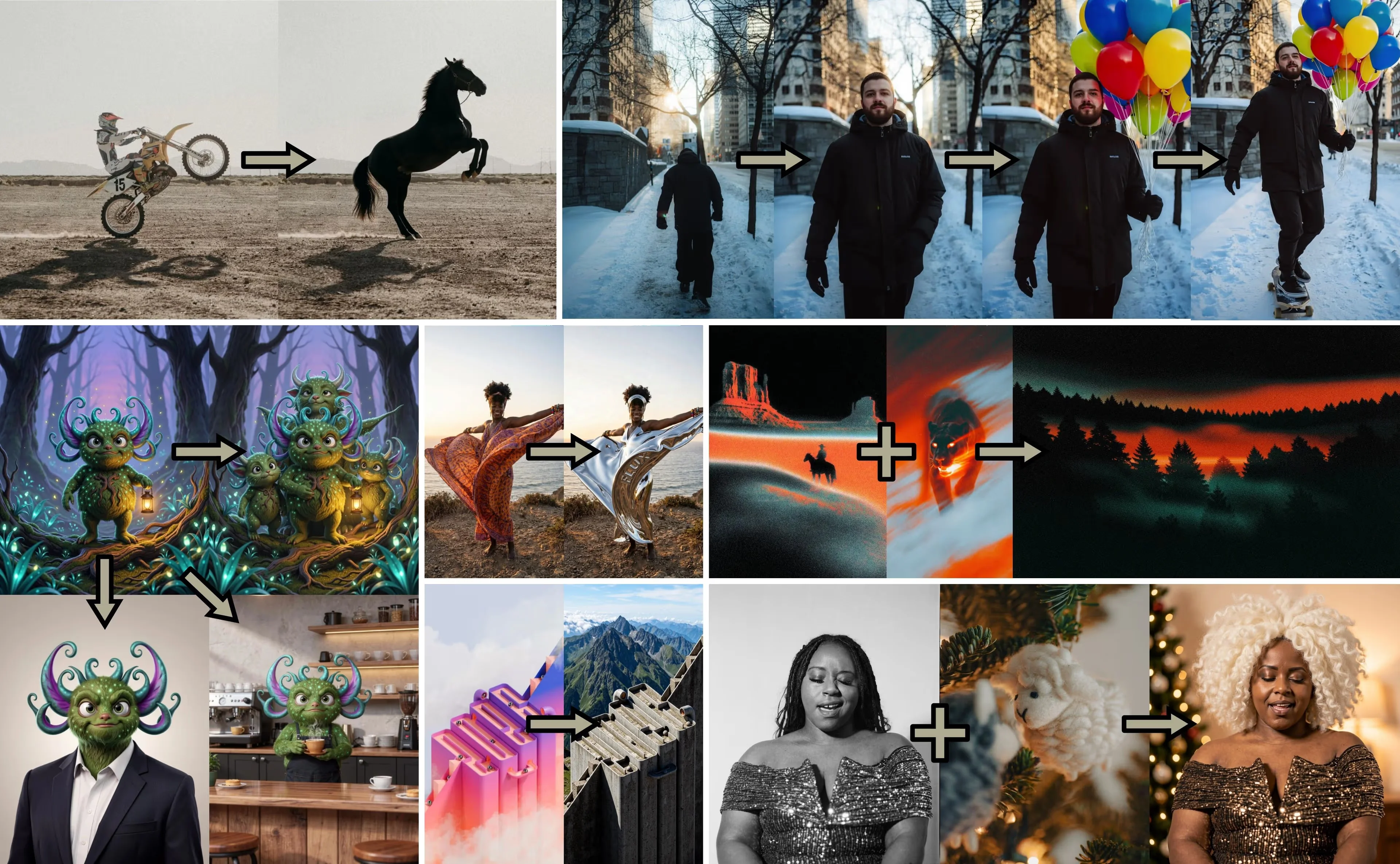 FLUX.2 Klein image editing examples showing scene transformations and style transfer