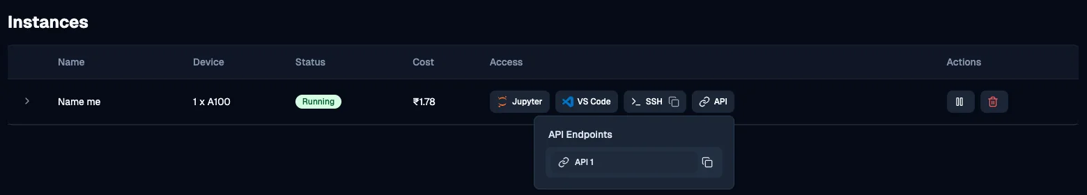 JarvisLabs dashboard showing API endpoint button and dropdown