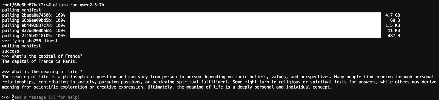 Ollama interactive chat session with Qwen 2.5 7B model