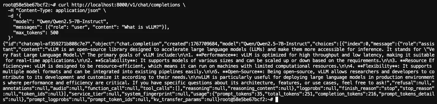 vLLM API curl request and JSON response