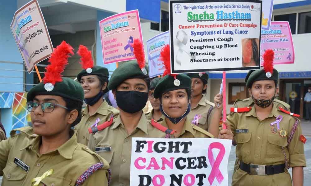 NCC cadets taking part in awareness rally in connection with World Cancer Day organised by the Hyderabad Archdiocese Social Service Society in Secunderabad on Thursday.  	-Photo: Ch Prabhu das