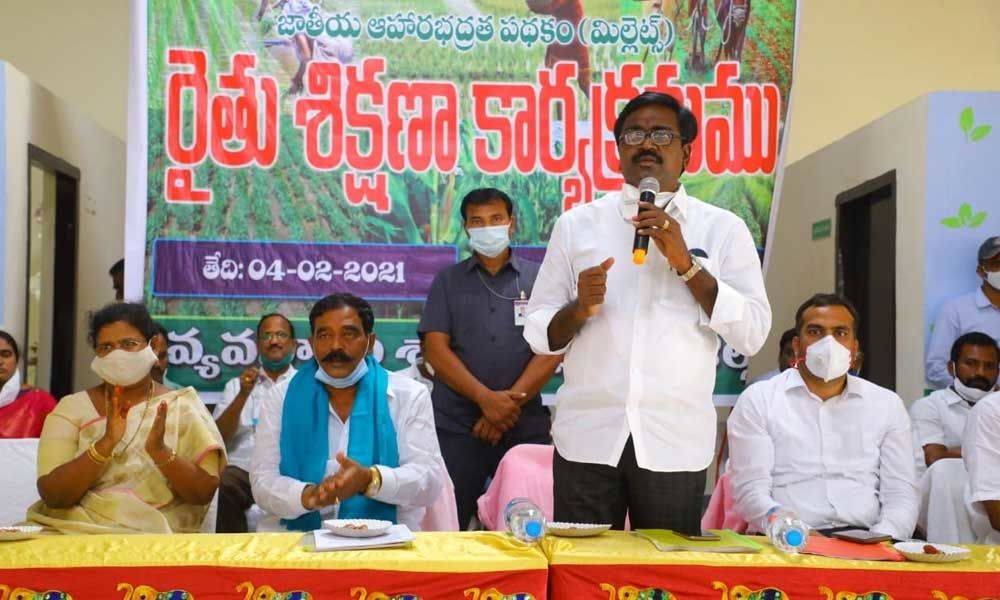 Transport Minister Puvvada Ajay Kumar speaking at a meeting in Raghunadhapalem of Khammam district on Thursday