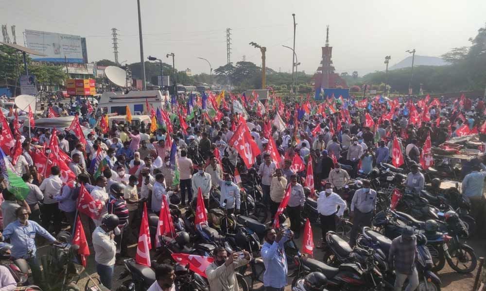 Visakhapatnam: Employees and trade union activists carry out a massive protest