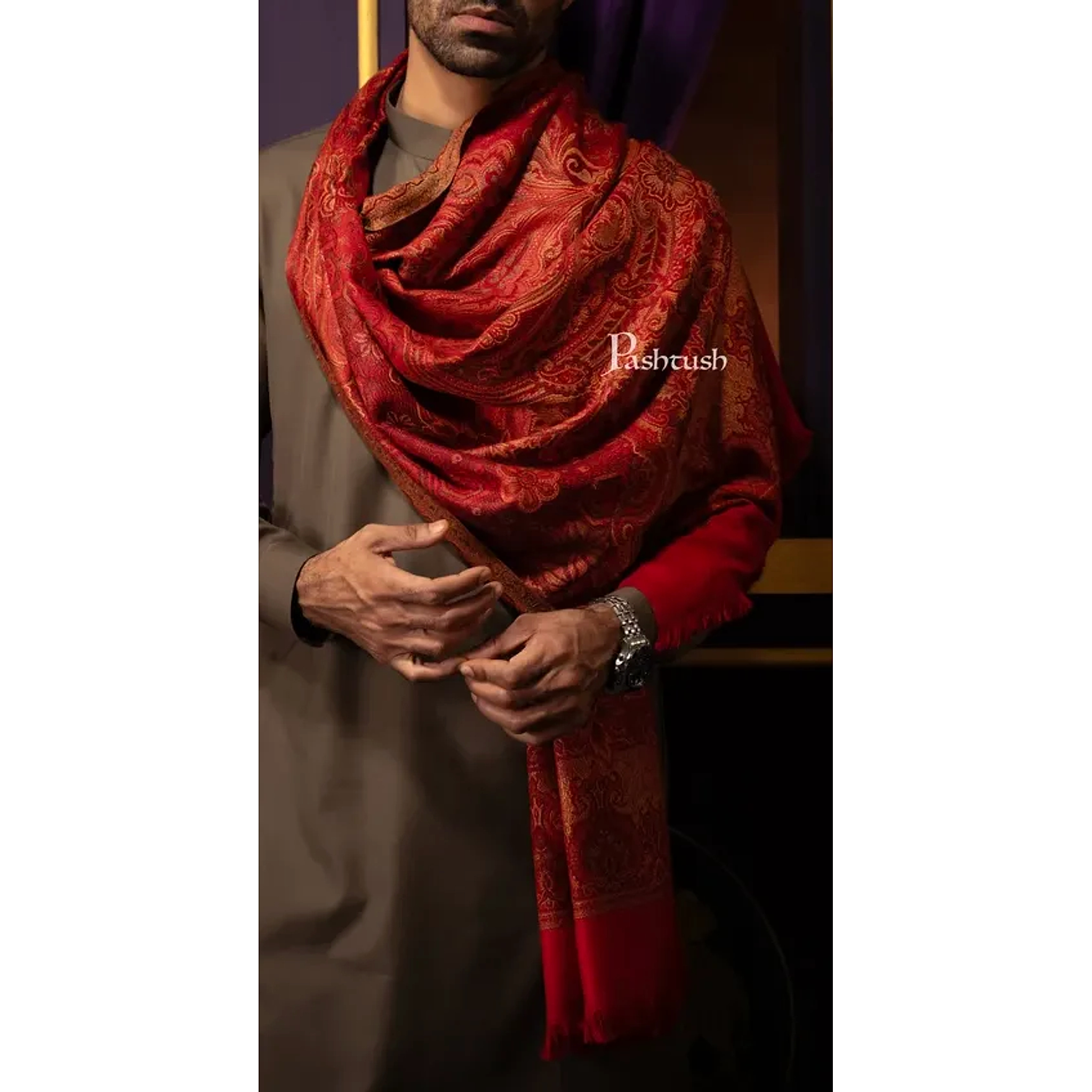 Pashtush Mens Jamawar Stole, Woven Design, Maroon