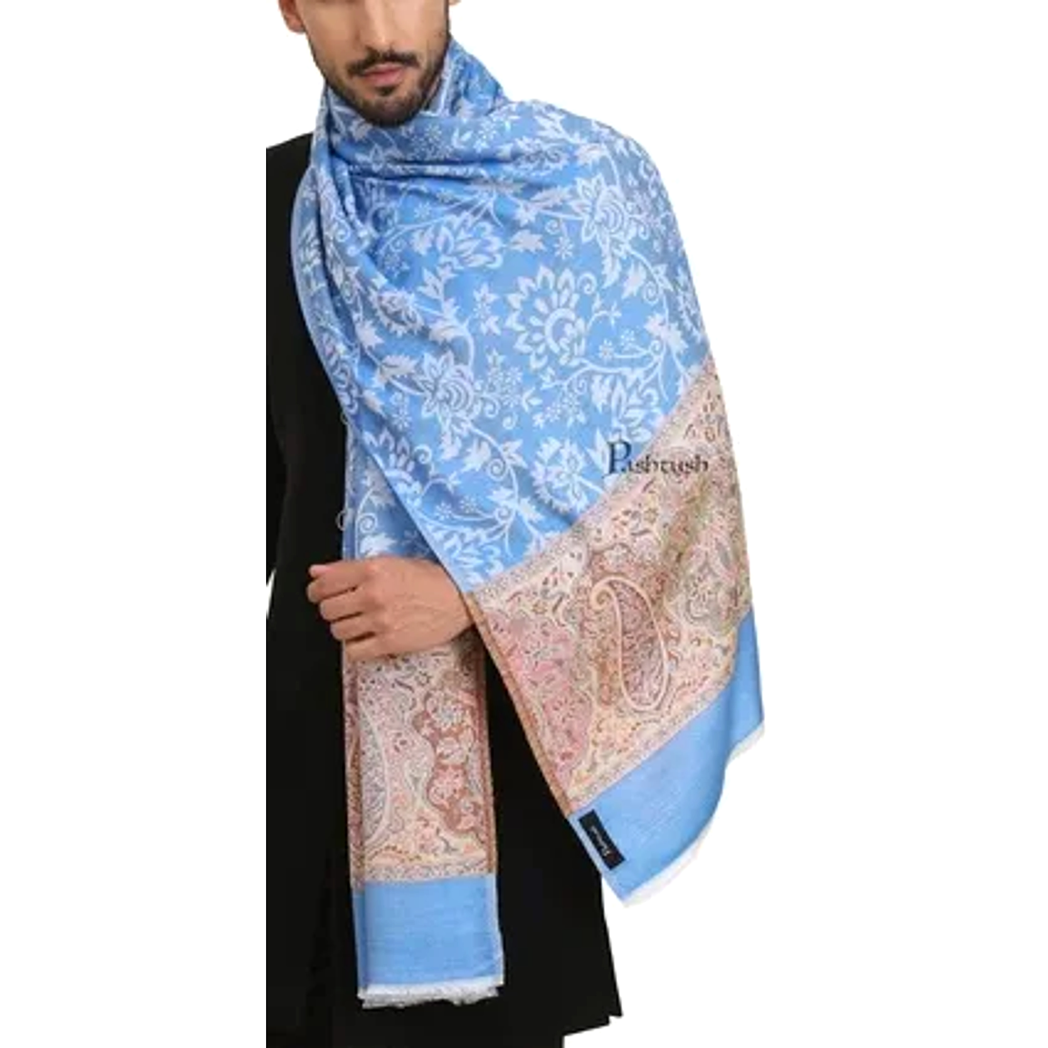Pashtush Men's Light Blue Floral Jamawar Shawl