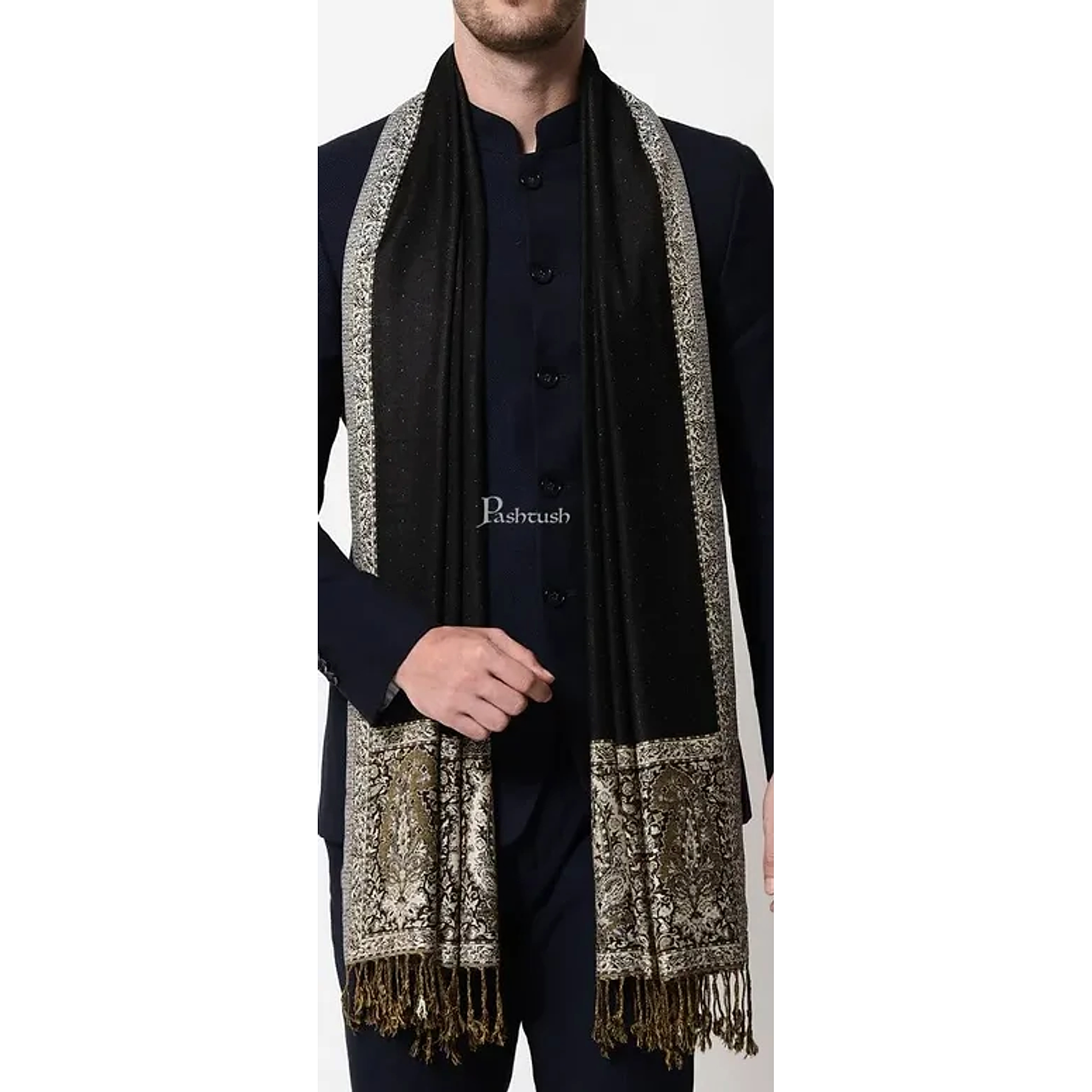 Pashtush mens Bamboo stole, jacquard design, Black