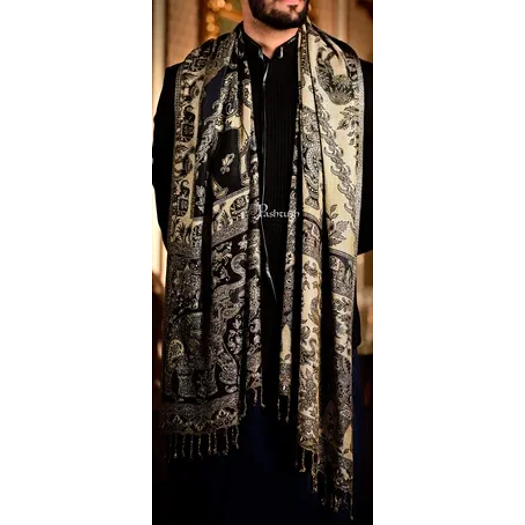 Pashtush Mens Bamboo Reversible Stole, Safari Animals, Elephant Design, Black
