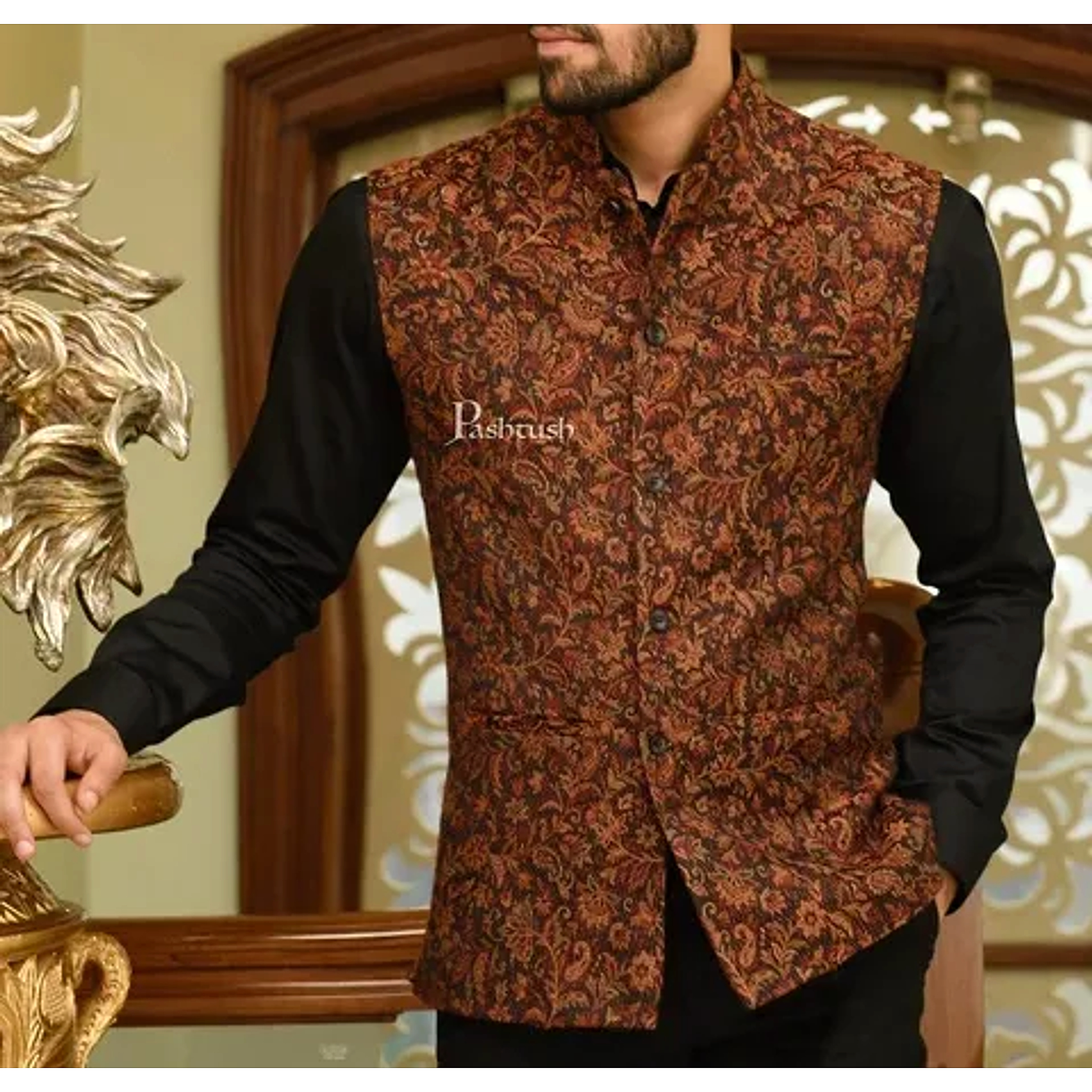 Pashtush Mens Woven Structured Waistcoat, Slim Fit, Black