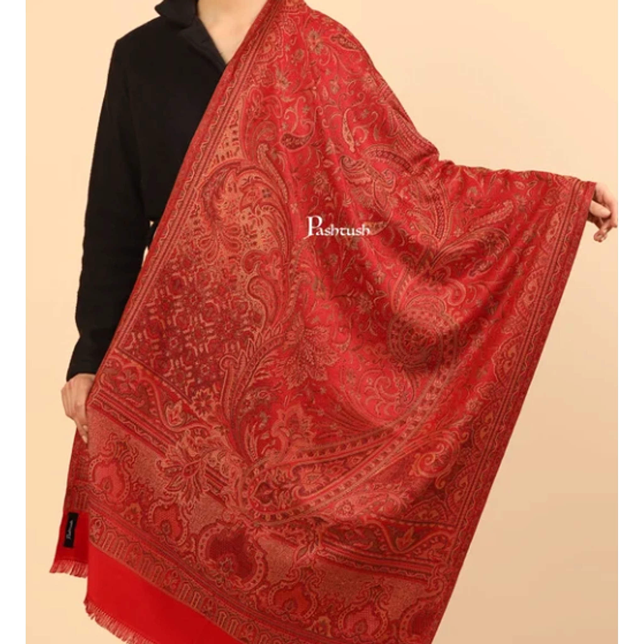 Pashtush Womens Faux Pashmina Stole, Jamawar Design, Maroon