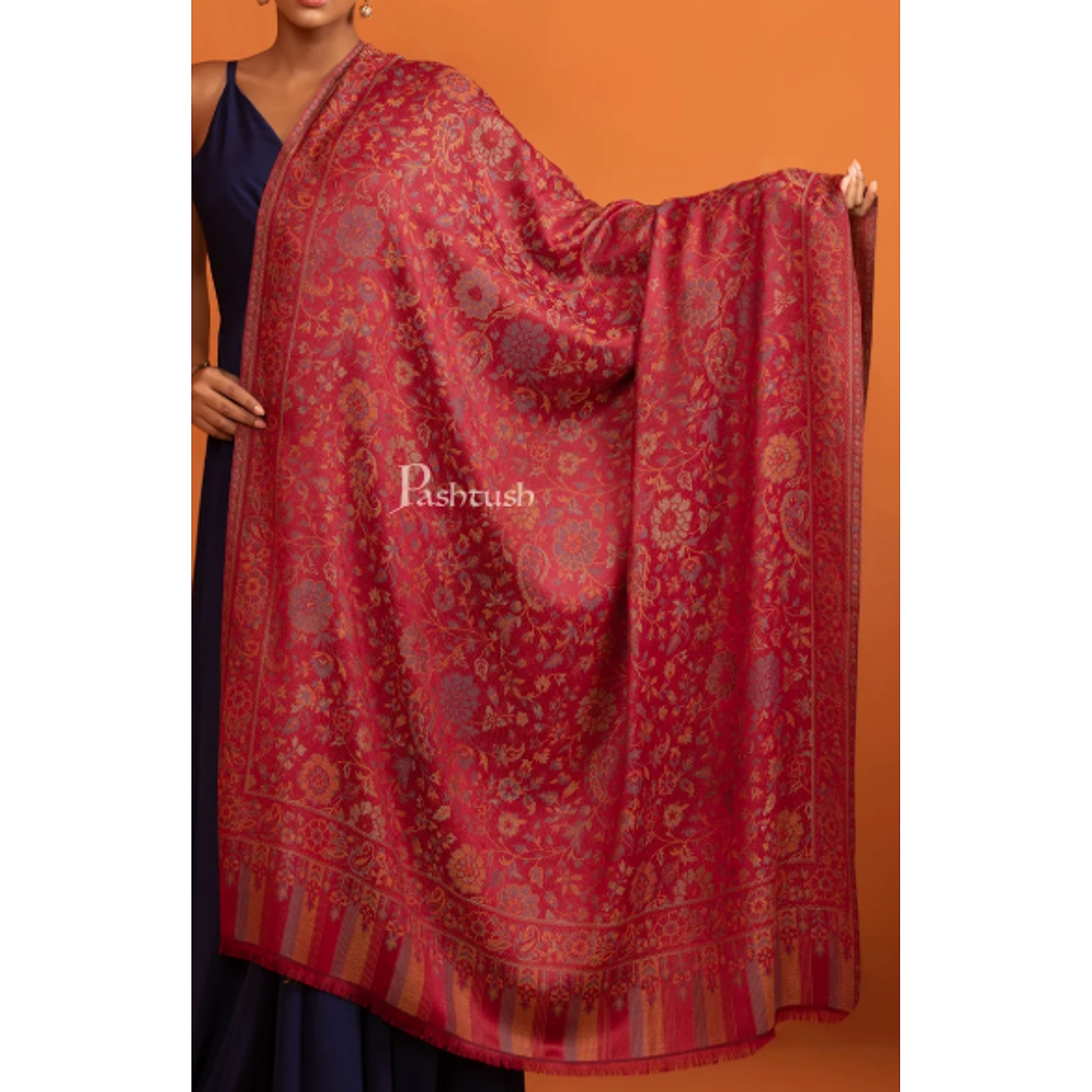 Pashtush Women Red Floral Paisley Jacquard Shawl