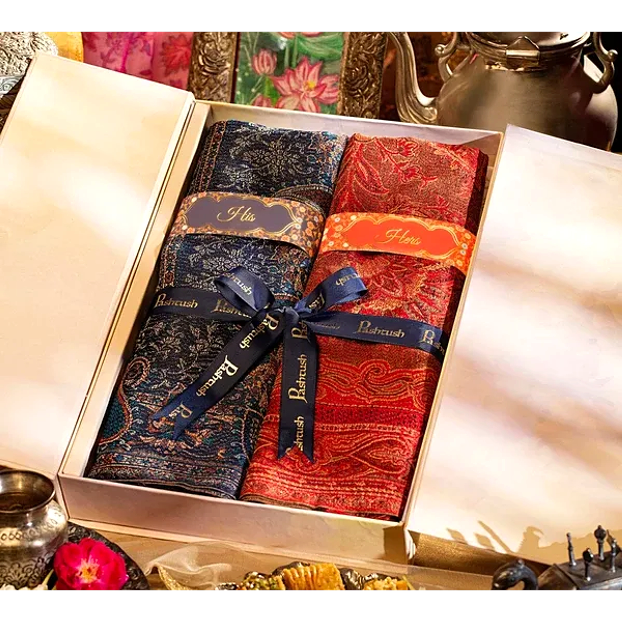 Pashtush His and Hers Shawl Gift Set Navy Blue and Maroon
